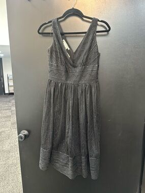 Maggy London Black Beaded V-Neck Tulle Midi Dress